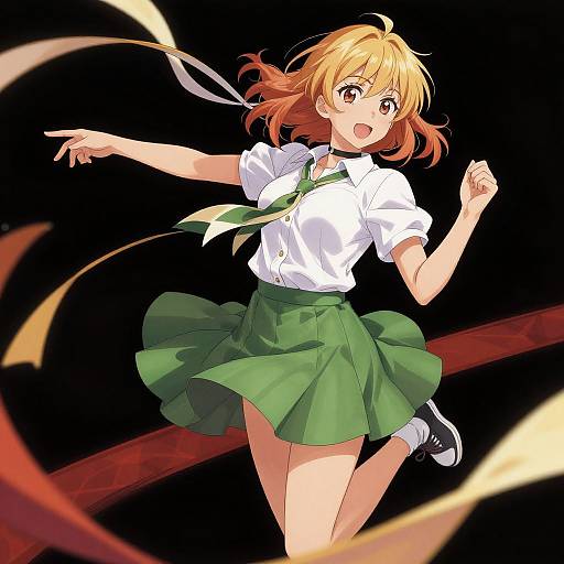 Anime-style digital drawing of a blonde girl with red-tipped hair, wearing a white shirt, green skirt, and black shoes, running energetically