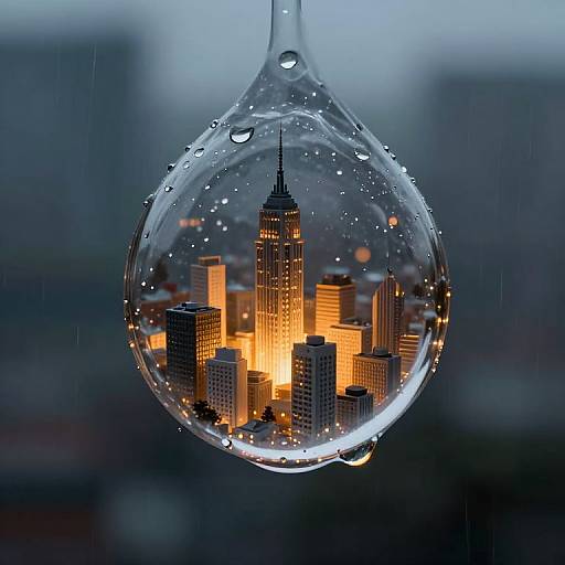 Photograph of a raindrop-shaped glass pendant containing a miniature, illuminated NYC skyline, with the Empire State Building prominently centered.