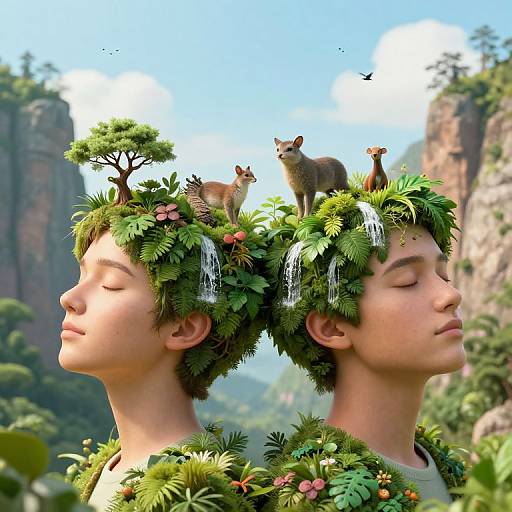 Photorealistic CGI image of two Asian faces with closed eyes, adorned with lush greenery, small waterfalls, and forest creatures, set against a