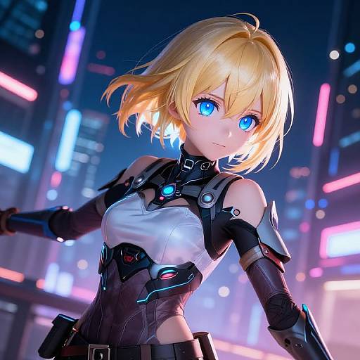 Digital anime-style artwork of a blonde, blue-eyed woman with futuristic black and white armor in a neon-lit cityscape at night.