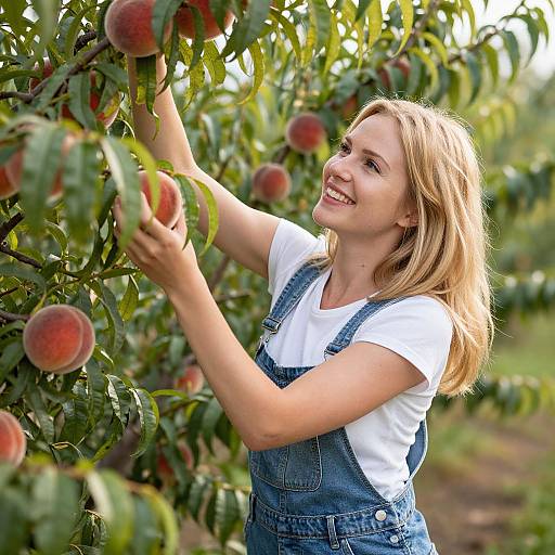 Joyful Blonde Woman Picking Peaches