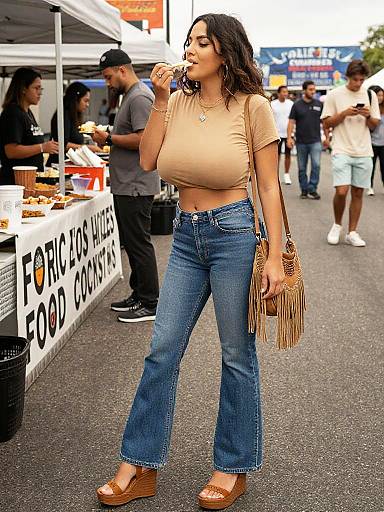 Photograph of a curvy woman with long dark hair, wearing a beige crop top, blue flared jeans, and brown wedge sandals, eating at