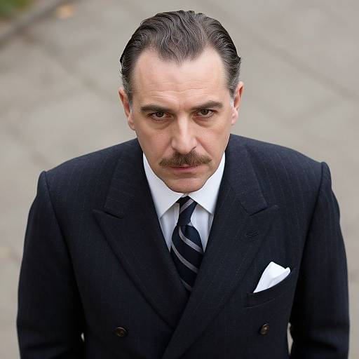 Photograph of a serious, middle-aged man with slicked-back dark hair, mustache, wearing a black pinstripe suit, white shirt,