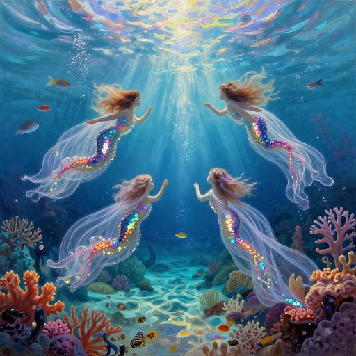Digital painting of four ethereal mermaids with glowing, sequined tails, floating underwater amidst colorful coral reefs and sunlight beams.