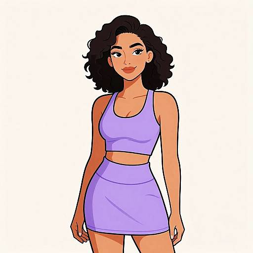 Digital illustration of a confident woman with curly black hair, wearing a purple sports bra and matching mini skirt, standing against a white background.