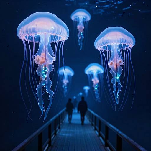 Bioluminescent Jellyfish Over Floating Walkway