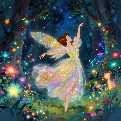 Digital illustration of a fairy with translucent wings, wearing a glowing dress, dancing in a magical forest filled with colorful lights and vibrant flowers.