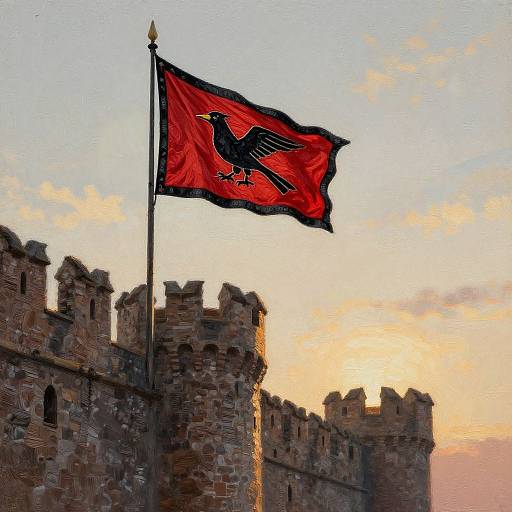 Medieval Red and Black Flag at Dawn