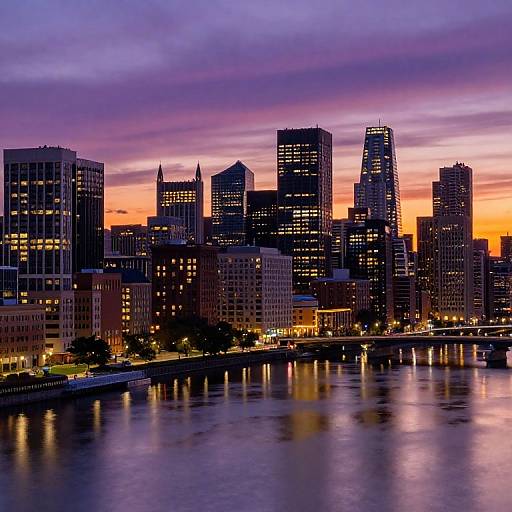 Photograph of a city skyline at sunset with purple, orange, and pink sky reflecting on a calm river, tall buildings illuminated against the colorful sky.