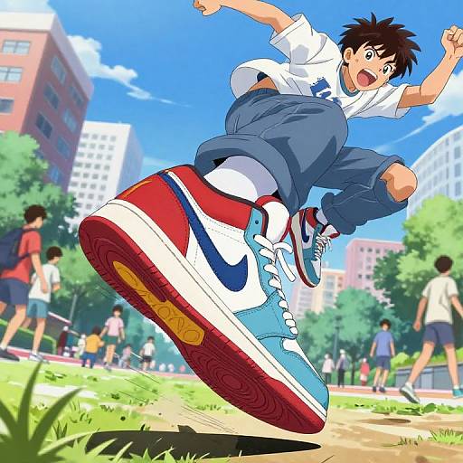 Anime-style digital illustration of a joyful, black-haired boy mid-jump in a white shirt and blue sneakers, against a sunny park background with people and