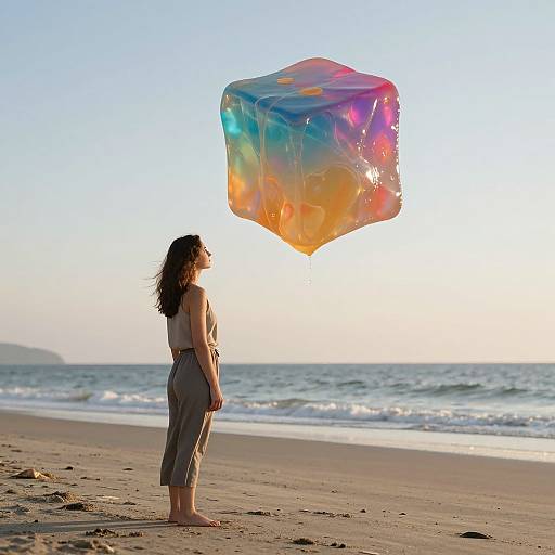 Photograph of a woman with long brown hair, wearing a sleeveless top and gray pants, standing on a beach, holding a colorful, irides