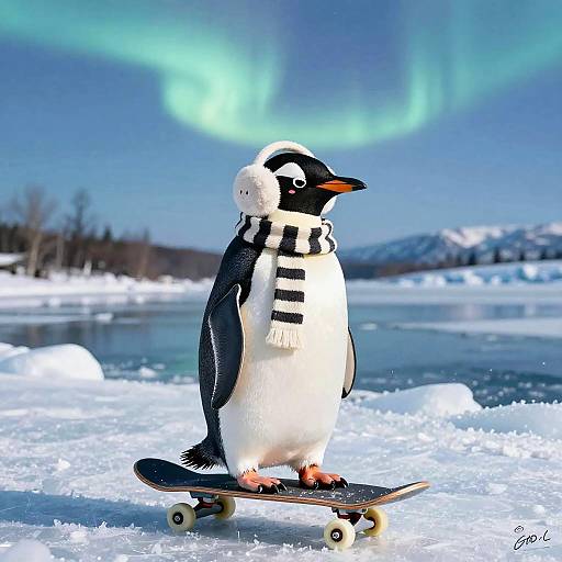 Penguin on Skateboard with Northern Lights