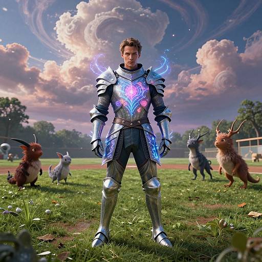 Photorealistic CGI: Muscular man in glowing, futuristic armor stands in a grassy field with fantastical creatures and a vibrant, cloudy sky background