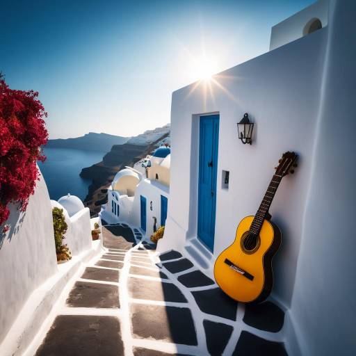 Vibrant Santorini Scene with Street Performer Vibrant Santorini Scene with Street Performer