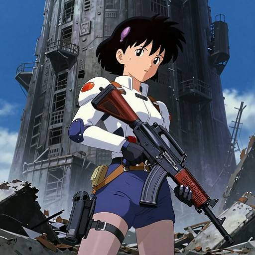 Anime-style digital artwork of a determined young woman with short black hair, white shirt, blue shorts, and rifle, standing in a ruined, smoke-filled