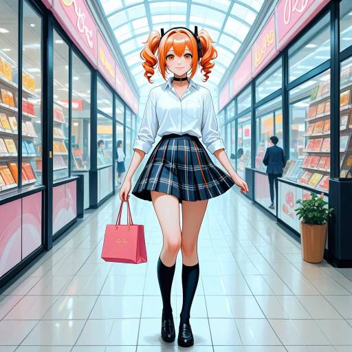 Whimsical Schoolgirl in a Shopping Mall