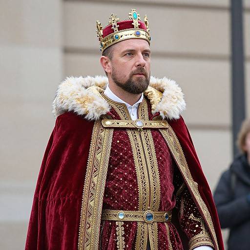 Photograph of a bearded man in a regal, red velvet robe with gold embroidery and fur trim, wearing a jeweled crown, standing outdoors