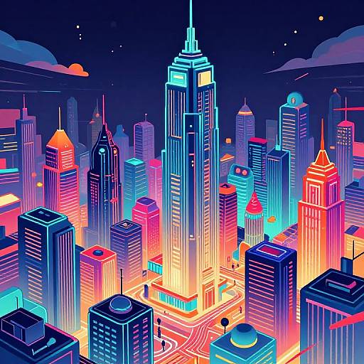 Digital illustration of a vibrant, neon-lit city skyline at night with colorful skyscrapers, glowing lights, and starry sky.