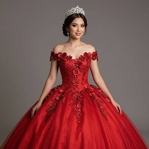 Photograph of a dark-haired woman in an off-shoulder, red, intricately detailed ball gown with a full skirt and silver tiara,
