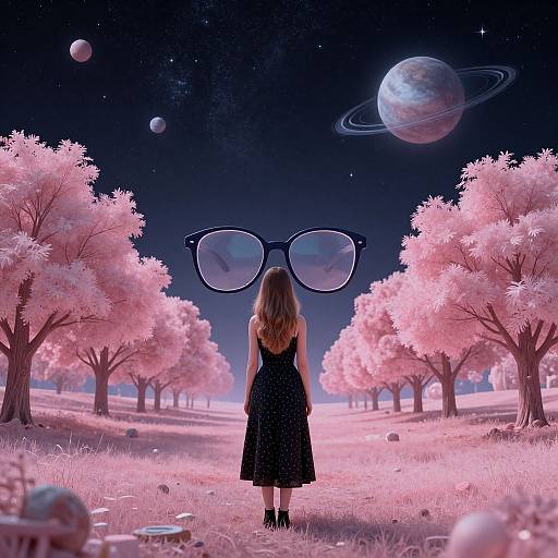 Woman with Giant Glasses in Surreal Landscape