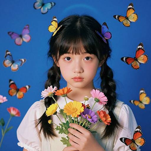Curious Girl with Vibrant Flowers and Butterflies