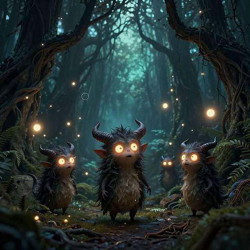 Digital fantasy art of three glowing-eyed, horned, furry creatures with large ears, standing in a dark, enchanted forest illuminated by floating fireflies.