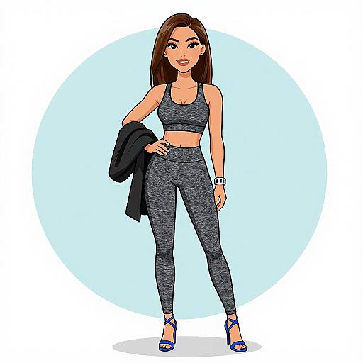 Digital illustration of a smiling brown-haired woman in gray sports bra and leggings, holding a black jacket, wearing blue sandals, against a light blue circular background