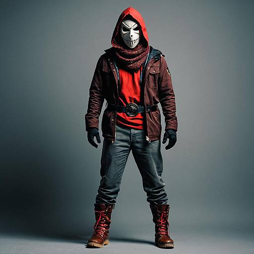 Masked Man in Scary Costume with Hood and Red Shirt