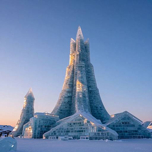 Photograph of a towering, intricate ice sculpture against a blue evening sky, featuring multiple pointed, glass-like structures with glowing windows.