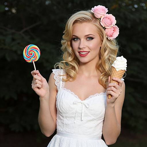 Photograph of a blonde woman in a white lace dress, holding a rainbow swirl lollipop and ice cream cone, adorned with pink flowers in her curly