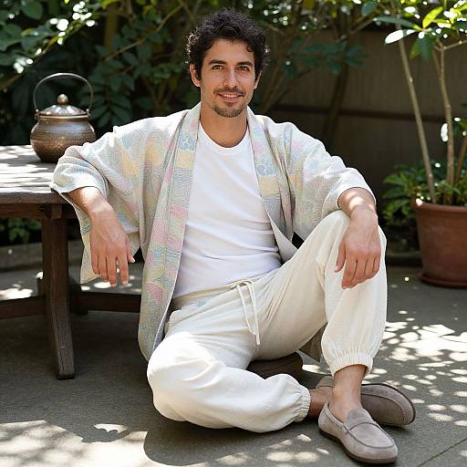 Photograph of a smiling, dark-haired man with a beard, wearing a pastel plaid cardigan, white shirt, pants, and beige shoes