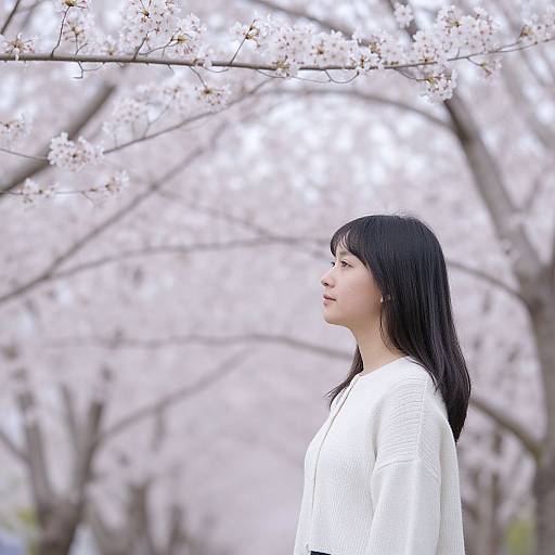 Photograph of an Asian woman with long black hair, wearing a white kimono, standing in a cherry blossom grove, looking upward at blooming