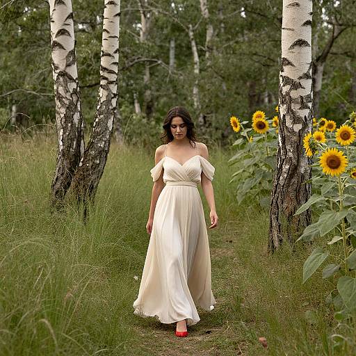 Photograph of a brunette woman in an off-the-shoulder white dress walking through a birch forest with sunflowers and tall grass.
