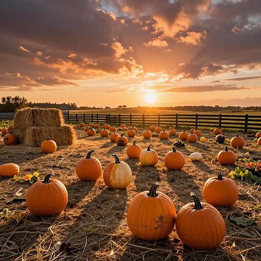 Photograph of a sunset-lit pumpkin patch with scattered orange and white pumpkins, hay bales, and a wooden fence in the background.