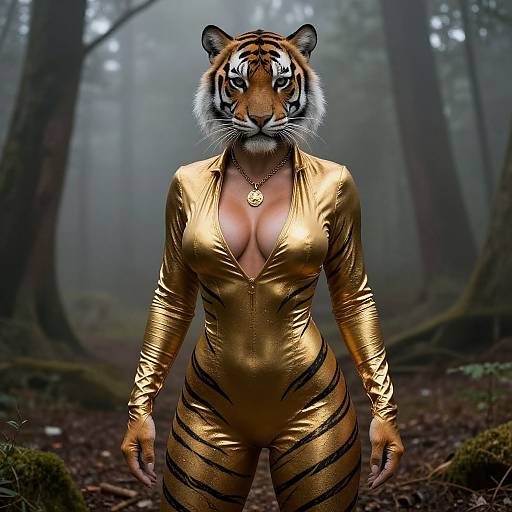 Digital artwork of a humanoid tiger woman with orange and black stripes, wearing a shiny gold, zippered bodysuit, standing in a foggy forest