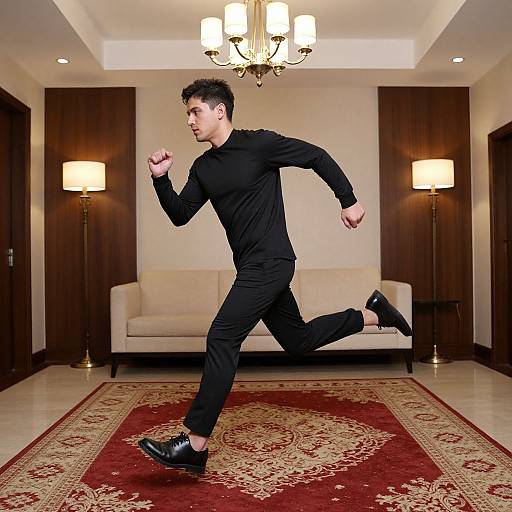 Photograph of a young, slim man with short dark hair, running in black clothing, in a modern living room with chandelier, beige sofa,