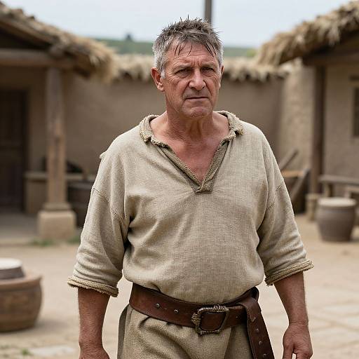Photograph of an older, rugged man with gray hair, wearing a beige, worn-out shirt and brown belt, standing in a rustic, mud-br