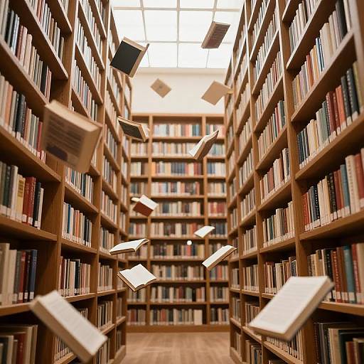 Photograph of a library aisle with floating books between tall wooden shelves filled with colorful books under bright ceiling light.