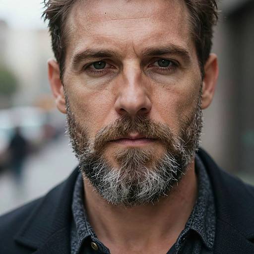 Close-up photograph of a middle-aged, bearded man with intense blue eyes, brown hair, gray beard, wearing a dark coat and gray shirt,
