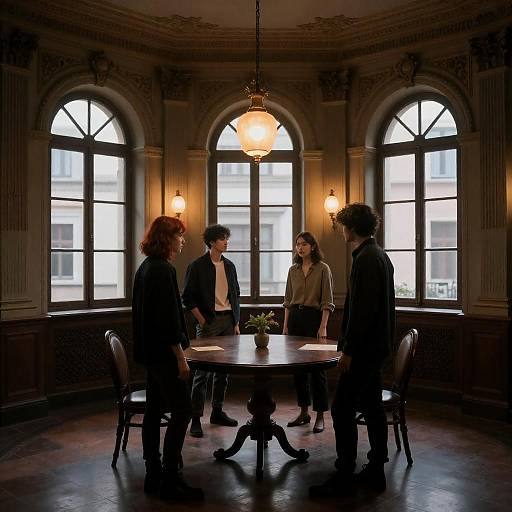 Four People Standing in Ornate Dimly Lit Room