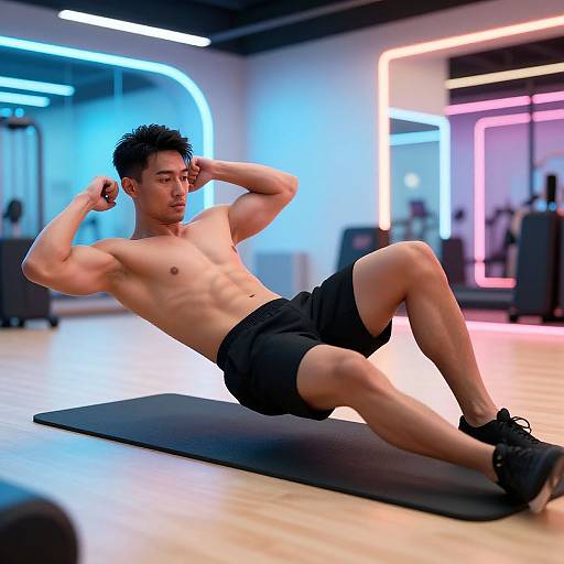 Man Exercising in Neon Workout Studio