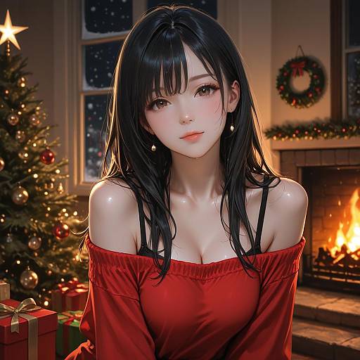 Young Woman in Red Near Christmas Fireplace