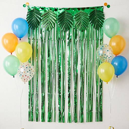 Photograph of a green tropical-themed backdrop with vertical leaf patterns, adorned with colorful balloons (blue, yellow, orange, green, white with polka