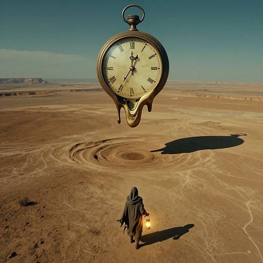 Photograph of a desert landscape with a floating, oversized pocket watch, shadow on ground, and a cloaked figure holding a torch.