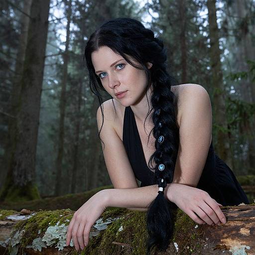 Photograph of a pale-skinned woman with long black braided hair, wearing a black halter top, leaning on a moss-covered log in a