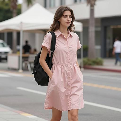 Young Woman in Pink Casual Dress with Backpack on Urban Street