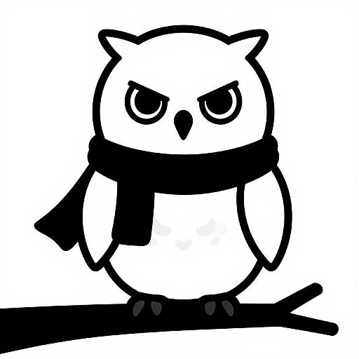Black-and-white digital drawing of a stylized, angry owl with a scarf, standing on a branch, featuring bold outlines and simple shapes.
