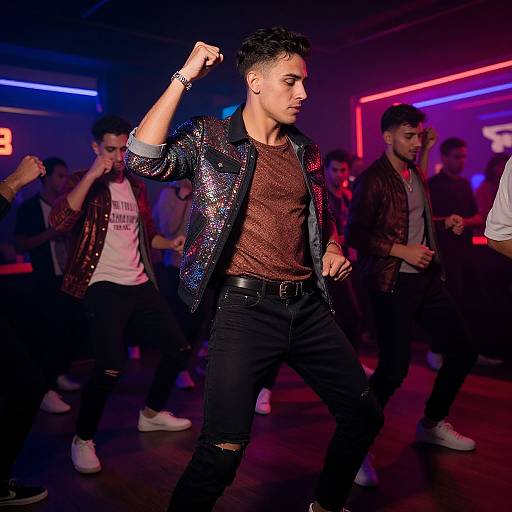 Photograph of a young man with short black hair, wearing a sequined jacket, brown shirt, and black jeans, dancing energetically in a