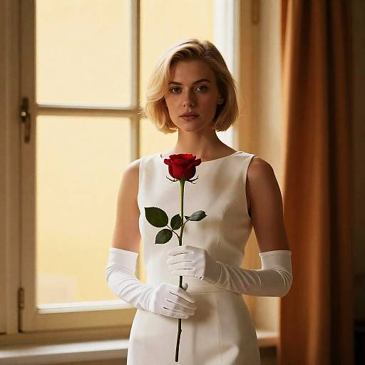 Elegant Woman in White Dress Holding Red Rose