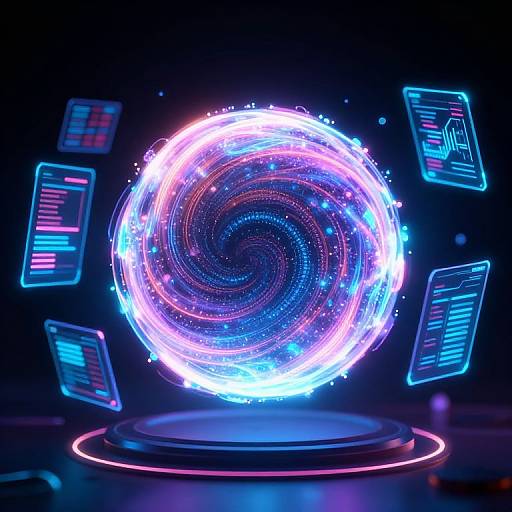 Neon-lit, glowing spiral vortex with colorful LED lights, surrounded by floating, futuristic display screens in a dark, digital environment.